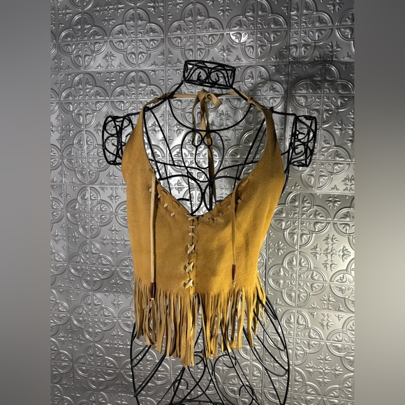 Unique Vintage Tops - Rare Vintage Yellow Raw Genuine Leather Corset Fringe Halter Top 1970s